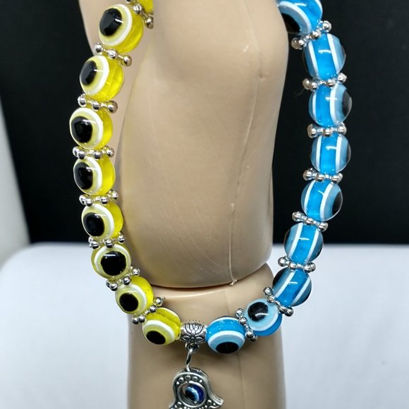 Bracelet / Evil Eye Beads with Hand Charm Beautiful Yellow AND Blue beads - Picture 6 of 7